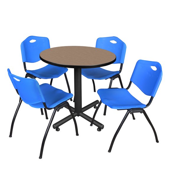 Axis-Pro 30" Round Breakroom Table- Noble Oak & 4 'M' Stack Chairs- Blue