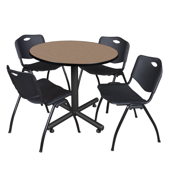 Axis-Pro 36" Round Breakroom Table- Noble Oak & 4 'M' Stack Chairs- Black