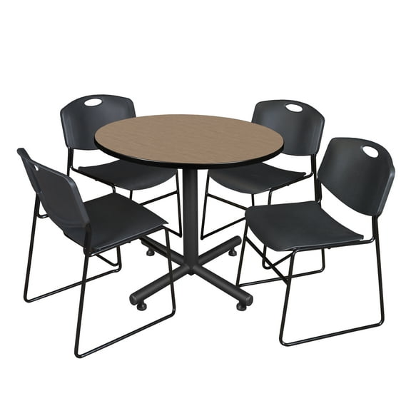 Axis-Pro 36" Round Breakroom Table- Noble Oak & 4 Zeng Stack Chairs- Black