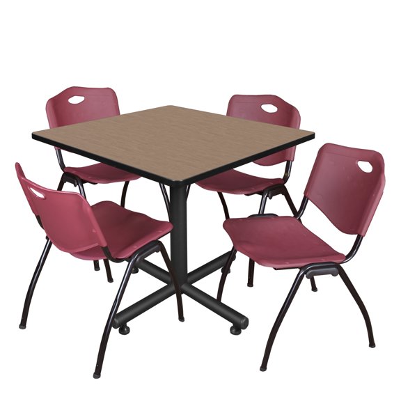 Axis-Pro 36" Square Breakroom Table- Noble Oak & 4 'M' Stack Chairs- Burgundy