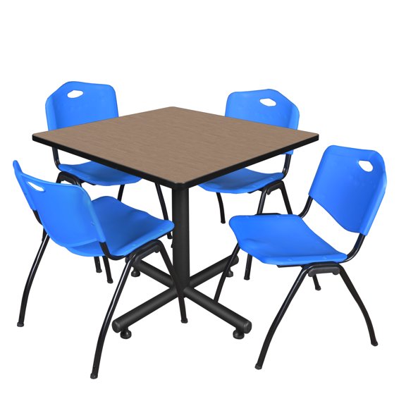 Axis-Pro 42" Square Breakroom Table- Noble Oak & 4 'M' Stack Chairs- Blue