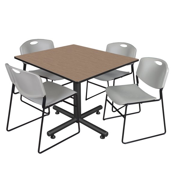 Axis-Pro 48" Square Breakroom Table- Noble Oak & 4 Zeng Stack Chairs- Grey