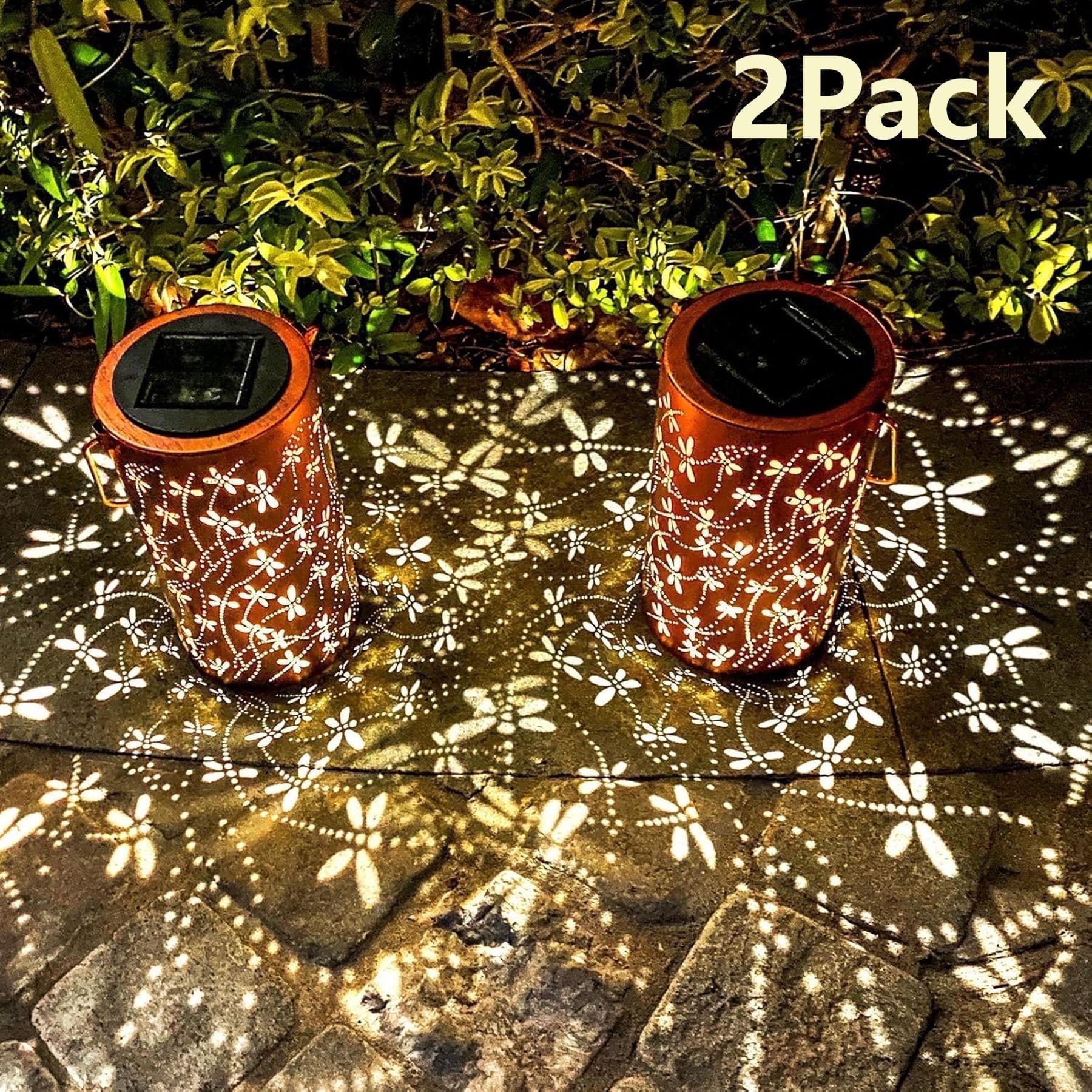 Axkbw Solar Lantern with Dragonfly Design Waterproof LED Outdoor Light for Garden, 2-Pack