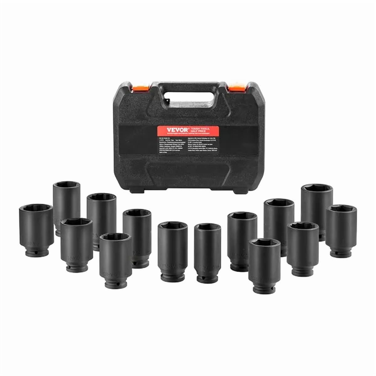 Axle Nut Impact Socket Set 1/2 Inch Drive Deep 6 and 12 Point 14 Piece Metric