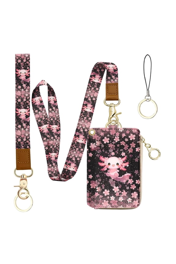 Axolot ID Badge Holder & Lanyard Wallet 2-in-1Cute Sakura Womens Small Wallet with Removable Wristlet & Neck Lanyard, Clear Window, 5 Card Slots, Side Zipper Pocket, Ring Keychain