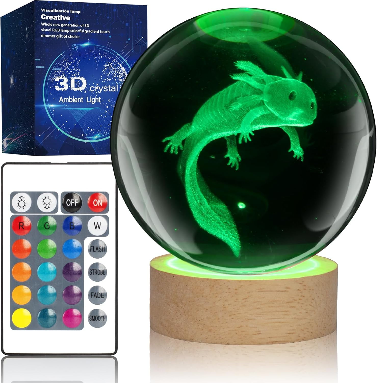 Axolotl 3D Crystal Ball Night Light with 16 Color LED Wooden Base, Upgraded 3.15 Inch Axolotl Glass Ball Lamp with Remote Control Cool Bedroom Decor Gifts for Kids Girls Boys Fans