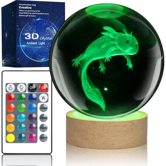 Axolotl 3D Crystal Ball Night Light with 16 Color LED Wooden Base, Upgraded 3.15 Inch Axolotl Glass Ball Lamp with Remote Control Cool Bedroom Decor Gifts for Kids Girls Boys Fans