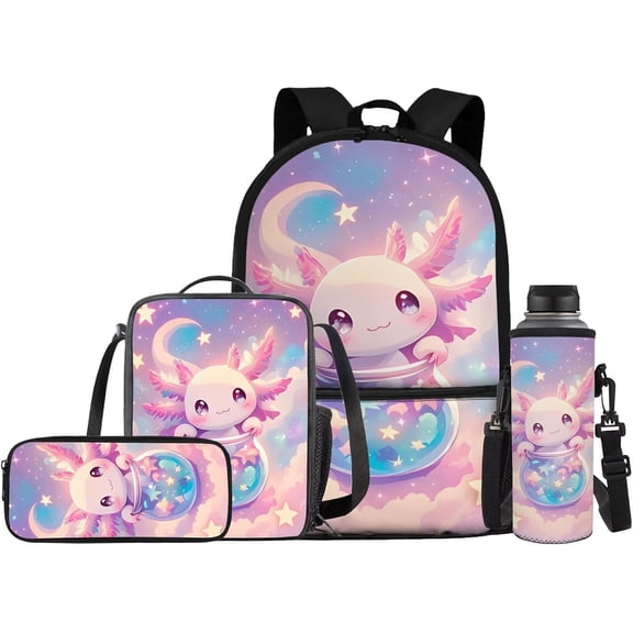 Axolotl Backpack for College Bag with Lunch Bag Water Bottle Holder and Pencil Pouch 17 Inch College Bookbag for Hiking Picnic Casual Rucksack Daypack