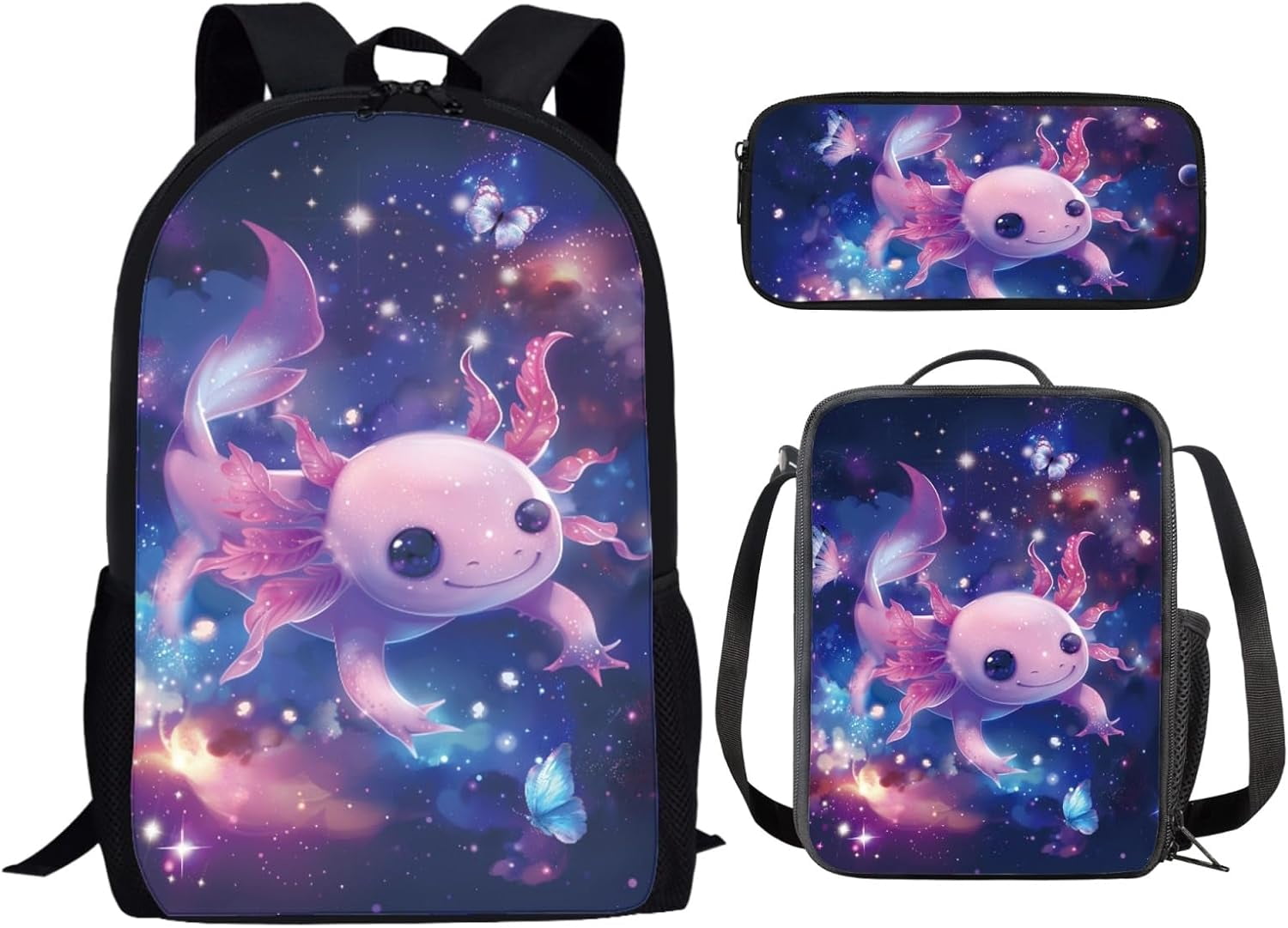 ZFRXIGN Axolotl Backpack Set For Kids & Teens - School Bag, Lunch Box, Pencil Case (Black Axolotl Print)