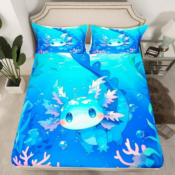 Axolotl Bedding Set Twin Size,Cute Animal Salamander Bed Sheets Teens Blue Ocean Sealife Fitted Sheet Kawaii Sea Creature Sheets(No Top Sheet)