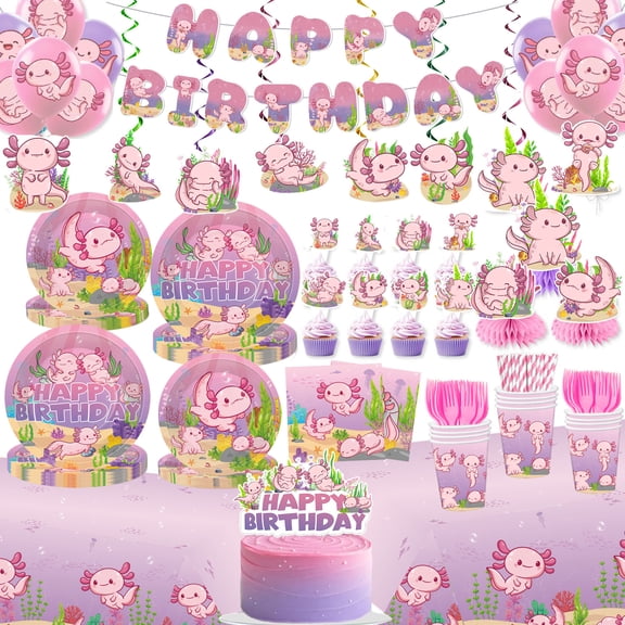 Axolotl Birthday Decorations,Complete Pink Axolotl Party Decorations Kit with Cake Topper, Cupcake Toppers, Banner, Tablecloth & 213 Pieces for Axolotl Birthday, Girl Birthday&Reptile-Themed Parties