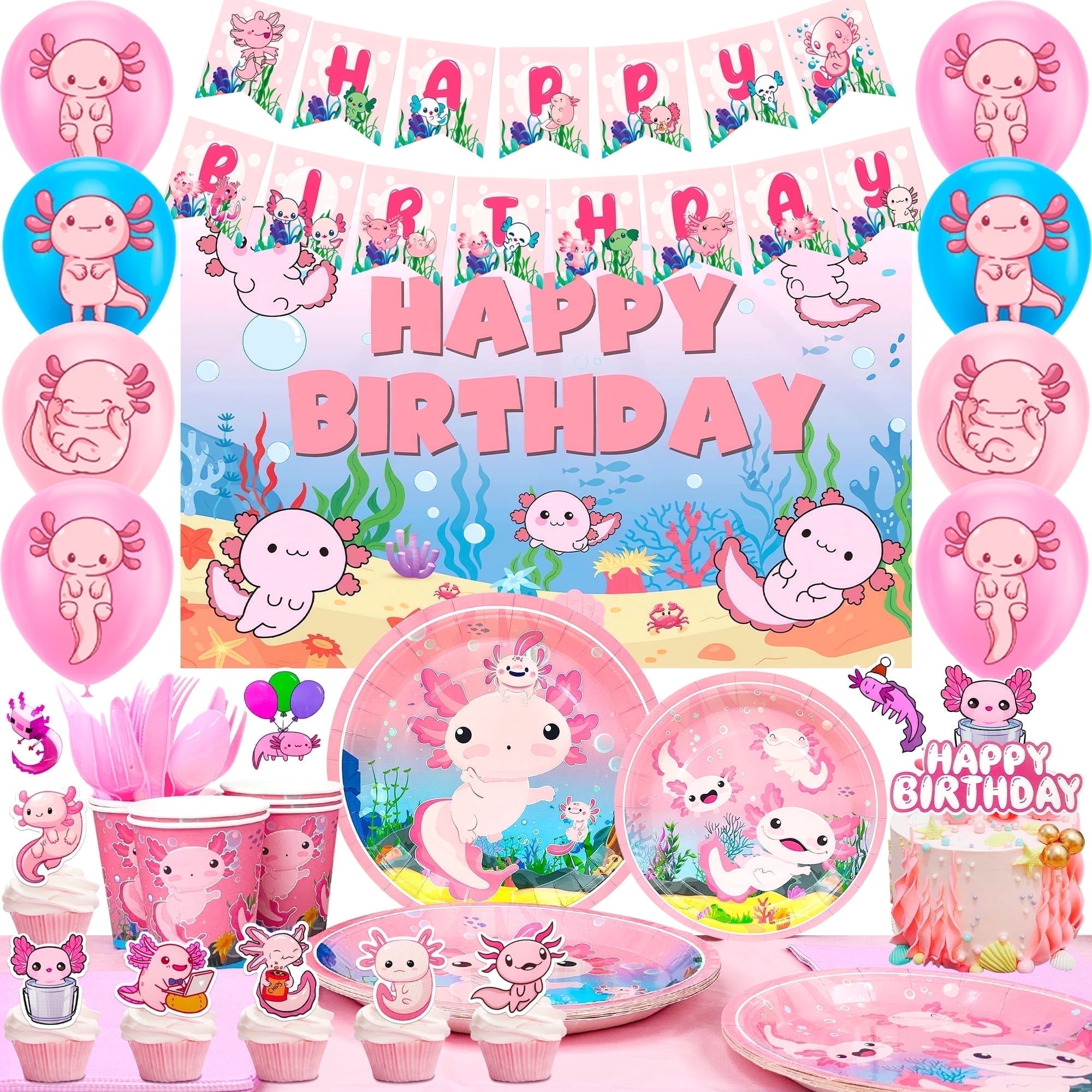 Axolotl Birthday Decorations Party Supplies,162pcs Axolotl Party Decorations&Axolotl Tableware Set- Axolotl Party Plates Napkins Tableclot Backdrop Balloons Banner