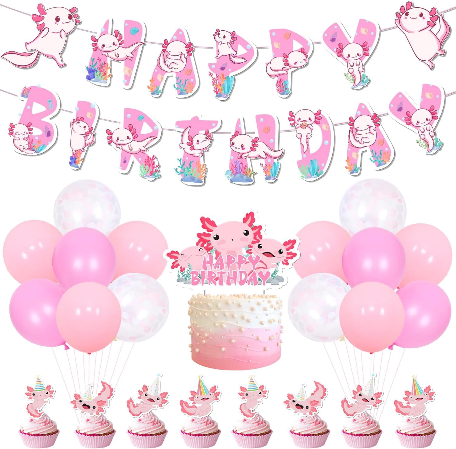 Axolotl Birthday Party Decorations Pink Cute Cartoon Axolotl Theme Happy Birthday Banner Garland Cake and Cupcake Toppers Latex Balloons for Boys Girls 1st 2nd 3rd Birthday Party Decor Supplies