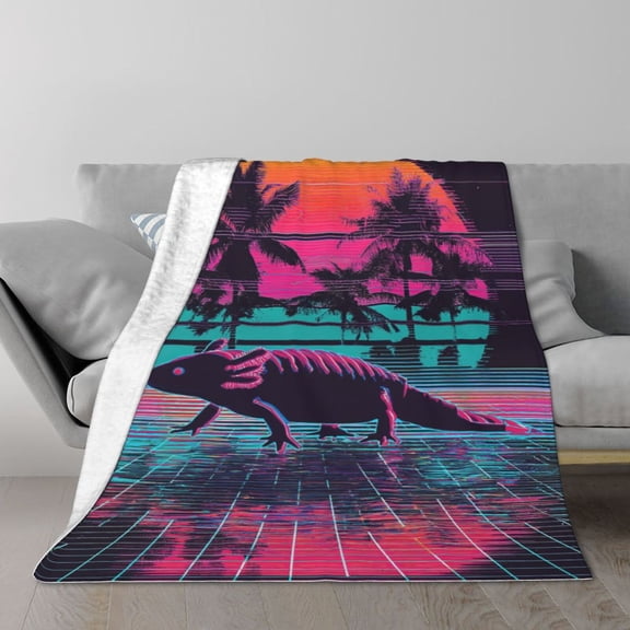 Axolotl Blanket, 80s Retro Sunset Throw, Vibrant Flannel Fleece Decor 50×40