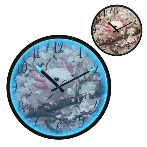 Axolotl Cherry Blossom Luminous Wall Clock with Sound-Activated LED 12-Inch Silent Acrylic Timepiece for Bedroom Livingroom or Office
