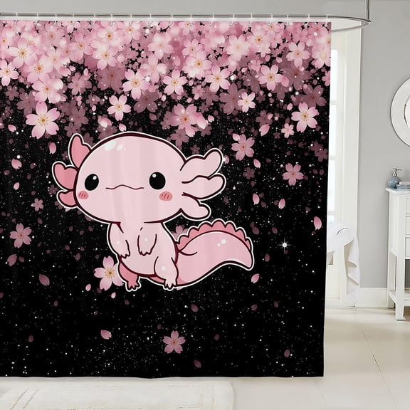 Axolotl Cherry Blossoms Japanese Cartoon Shower Curtain, Waterproof Polyester, for Bathroom