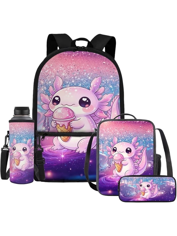Axolotl College Backpack 4-in-1 Set, Gifts for Age 6-12, 17'' Cute Bookbag with Insulated Lunch Box, Pencil Case & Water Bottle Holder for Back to College Birthday Christmas