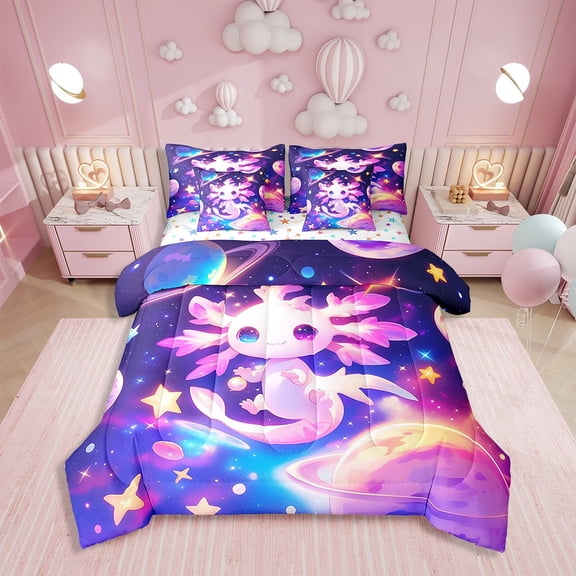 Axolotl Comforter 7 Pieces Bed In A Bag Queen Size,Galaxy Planet Space Bedding Set Cartoon Animal Sheet Set Purple Dreamy Starry Fitted Sheet