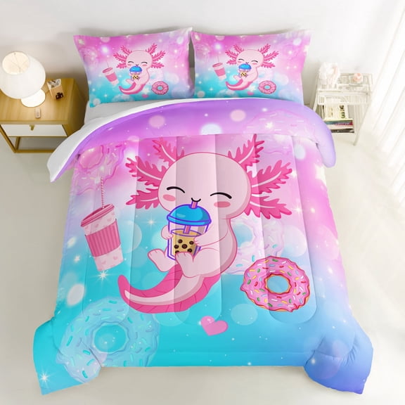 Axolotl Comforter Set Twin,Cute Animal Bedding Room Decor for Teen Girls,Dessert Milk Tea Donut Print Princess Toddler Bedding Set with 2 Pillowcases.