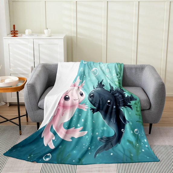 Axolotl Couple Fleece Blanket Teens Adults,Valentine's Day Throw Blanket Queen 90x90 Inch Sofa Bed Couch Decor,Marine Animal Bed Blanket,Kawaii Salamander Flannel Blanket