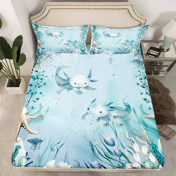 Axolotl Fitted Sheet Teal Blue Ocean Beach Coastal Bed Sheets Full,Starfish Octopus Tentacles Sheets Underwater Creature Coral Bedding Set,Kawaii Fish Room Decor(No Top Sheet)