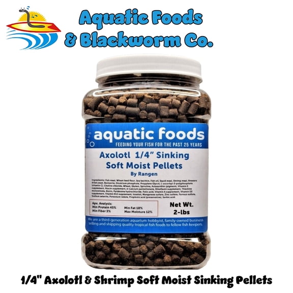 Axolotl Food 1/4" Soft Moist Sinking Rangen Salmon Pellets for Adult Axolotl also Shrimp, Snails, Crabs, Crayfish, Bottom Tropical Fish...2-lb Med Jar