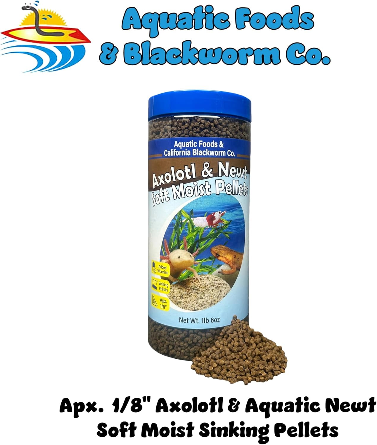 Axolotl Food 1/8" Soft Moist Sinking Pellets for Juvenile Axolotl, Snails, Shrimp, ALL Bottom Fish, Blackworm Pellets Included 1-lb 6oz Canister