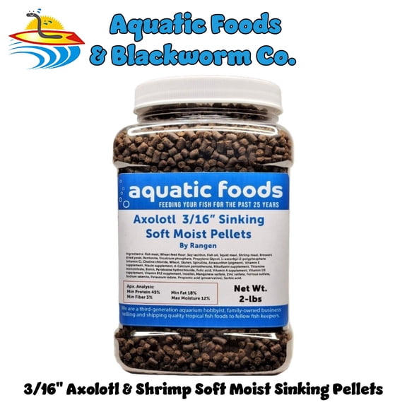 Axolotl Food 3/16" Soft Moist Sinking Rangen Salmon Pellets for Adult Axolotl also Shrimp, Snails, Crabs, Crayfish, Bottom Tropical Fish...2-lb Med Jar