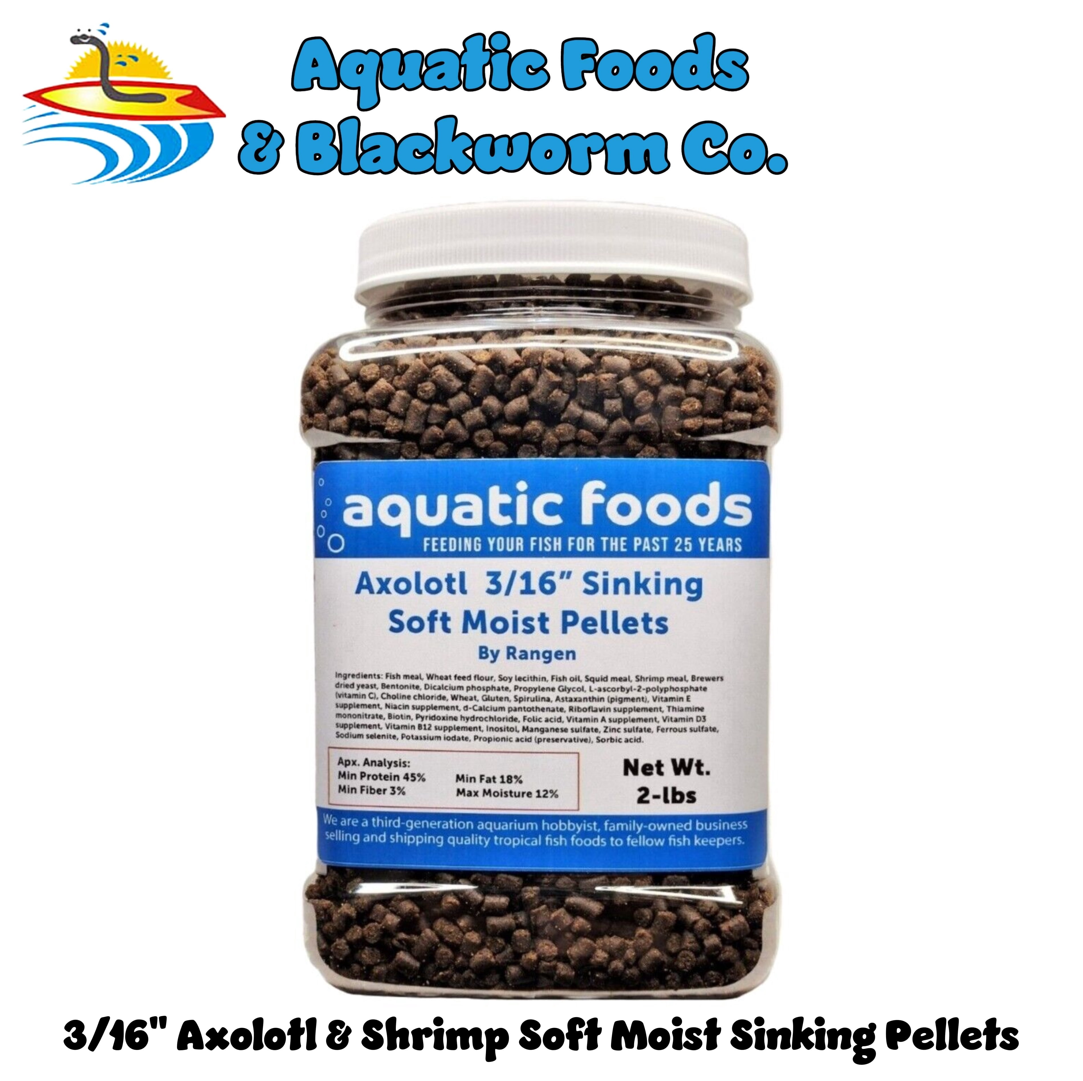 Axolotl Food 3/16" Soft Moist Sinking Rangen Salmon Pellets for Adult Axolotl also Shrimp, Snails, Crabs, Crayfish, Bottom Tropical Fish...2-lb Med Jar