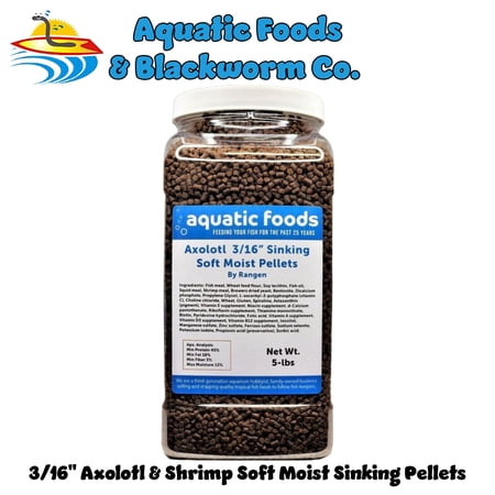Axolotl Food 3/16" Soft Moist Sinking Rangen Salmon Pellets for Adult Axolotl also Shrimp, Snails, Crabs, Crayfish, Bottom Tropical Fish...5-lb Lg Jar