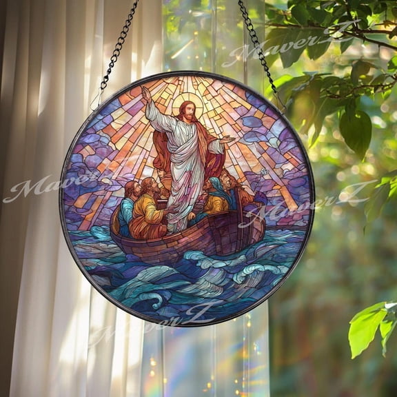 Axolotl Glass Suncatcher, Round Pink Salamander Window Panel, 7.9 in