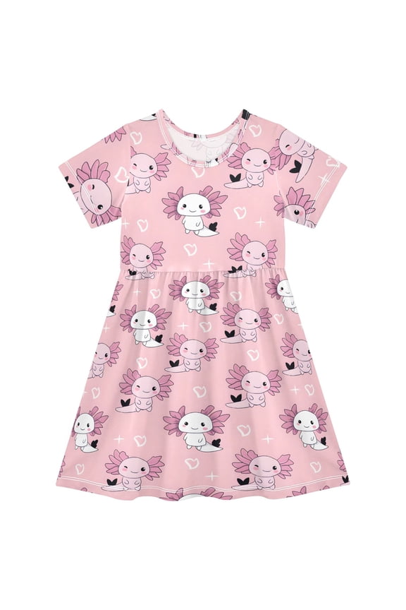 Axolotl Heart Pattern Girls Short Sleeve Dress A Line Sun Protection Breathable Comfort Sundress 4T