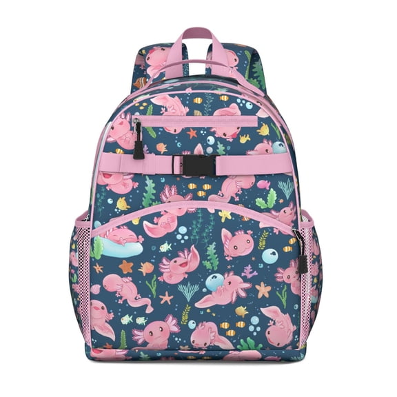 Axolotl Kawaii Backpack - Waterproof Cute Cartoon School Bag with Chest Strap, Ergonomic Spine-Protecting Design, Breathable Padded Backpack for Teens, Students & Fantasy Lovers Gift