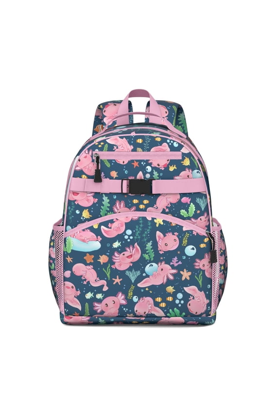 Axolotl Kawaii Backpack - Waterproof Cute Cartoon School Bag with Chest Strap, Ergonomic Spine-Protecting Design, Breathable Padded Backpack for Teens, Students & Fantasy Lovers Gift