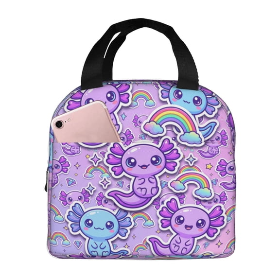Axolotl Lunch Box Cute Animal Print Insulated Lunch Bag For Women Men Reusable Cooler Handbag Front Pocket Thermal Meal Prep Tote For Work Office Daily