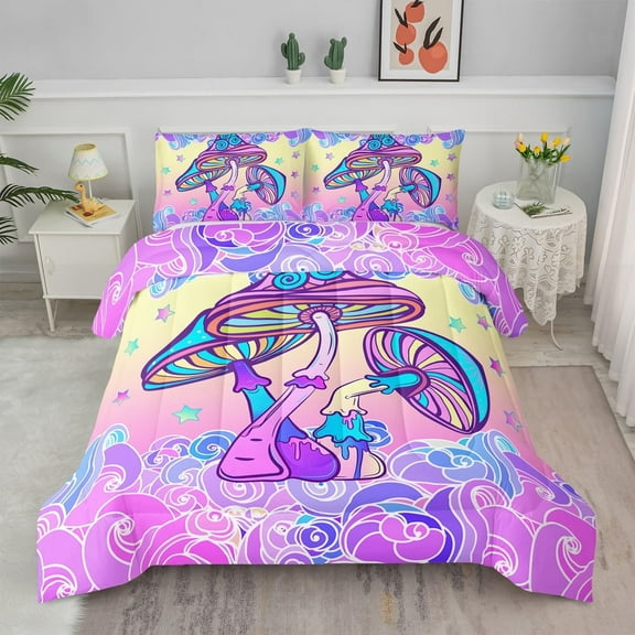 Mushroom Comforter Set Twin,Colorful Mushroom Bedding Sets,Trippy Mushroom Comforter Girls Bedding Set,Hippie Comforter Rainbow Clouds for Kids Teens Aldults,1 Quilt 2 Pillowcases,Pink Blue
