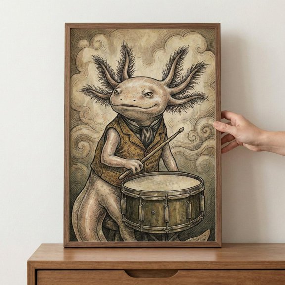 Axolotl Musician Vintage Etching Wall Art Anthropomorphic Drummer Decor, Unframed Paper Poster 8x10in