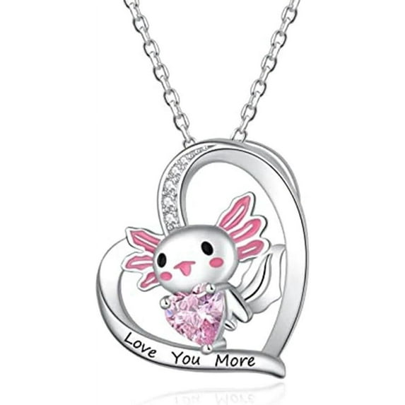 Axolotl Necklace Love You More Heart Pink Jewel Crystal Diamond Amphibian Salamander Pink Best Friends BFF (axolotlNK) (LUV)