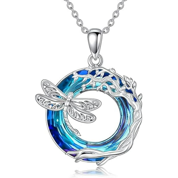 CACA LADY Dragonfly Necklace 925 Sterling Silver Dragonfly Pendant Necklace Dragonfly with Blue Circle Crystal Tree of Life Necklaces Dragonfly Jewelry Gifts for Women