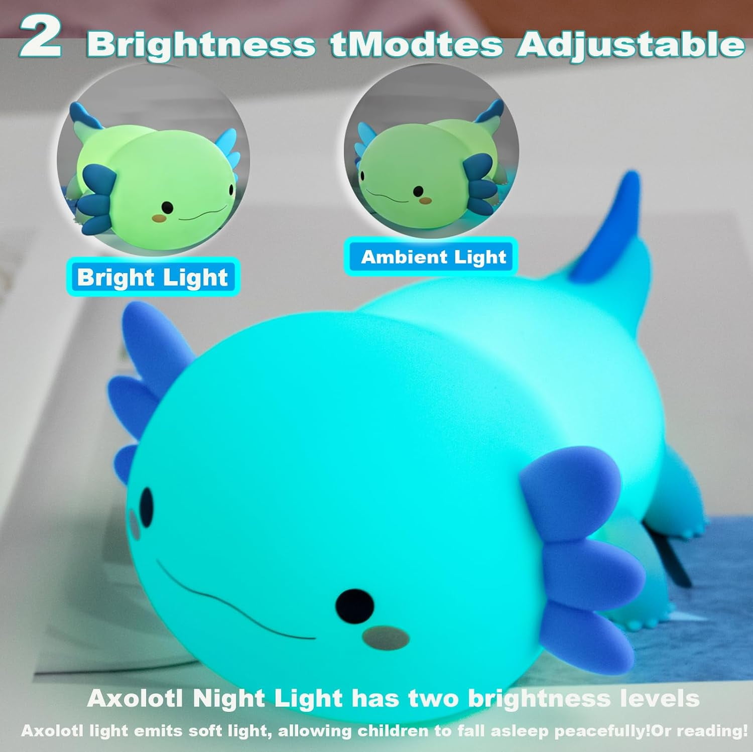 Axolotl Night Light For Kids - 3-Level Dimmable Silicone Lamp, USB-C Rechargeable Nursery Light