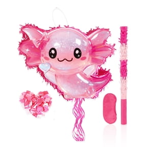 Axolotl Pinata Set - Glitter Pink Axolotl Pull String Piata with Blindfold, Bat, Confetti for Birthday Party Decorations (16.1'') VT4