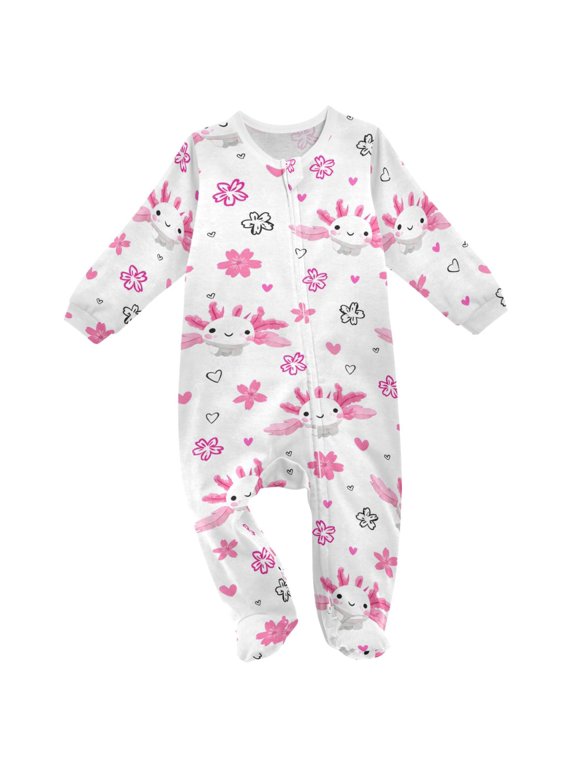 Axolotl Pink Floral Baby Sleeper One-Piece Footies Newborn Roomper 6Months