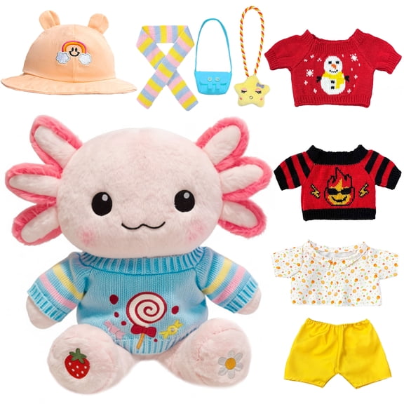 Axolotl Plush with 9 Pcs of Axolotl Stuffed Animal Clothes and Accessories, Axolotl Gifts Ideas for Girls Ages 3 to 12