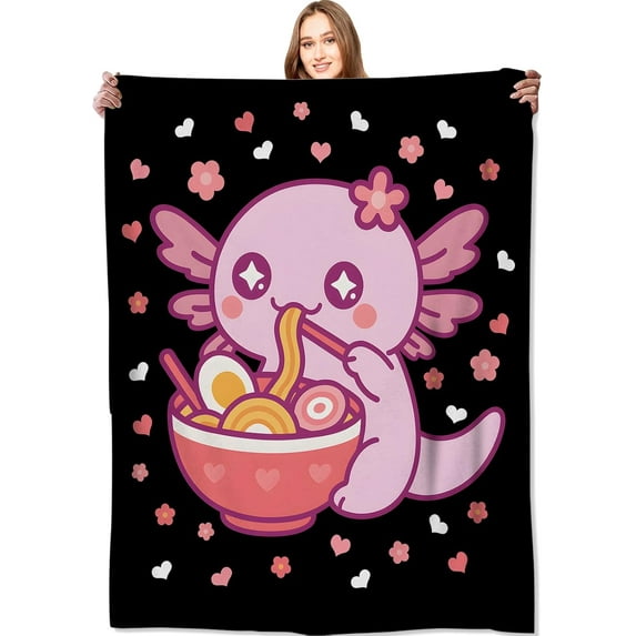 Axolotl Ramen Blanket,50x60in,Cute Pink Cartoon Animal with Japanese Food Heart and Flower Throw Blankets,Gifts for Kids Girls,Lightweight Soft Fleece Cozy,for Sofa Couch Bed Room Travel Decor