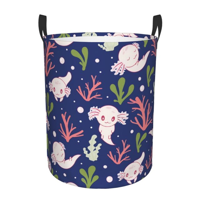 Axolotl Round Canvas Linen Laundry Hamper, Waterproof Storage Bin For