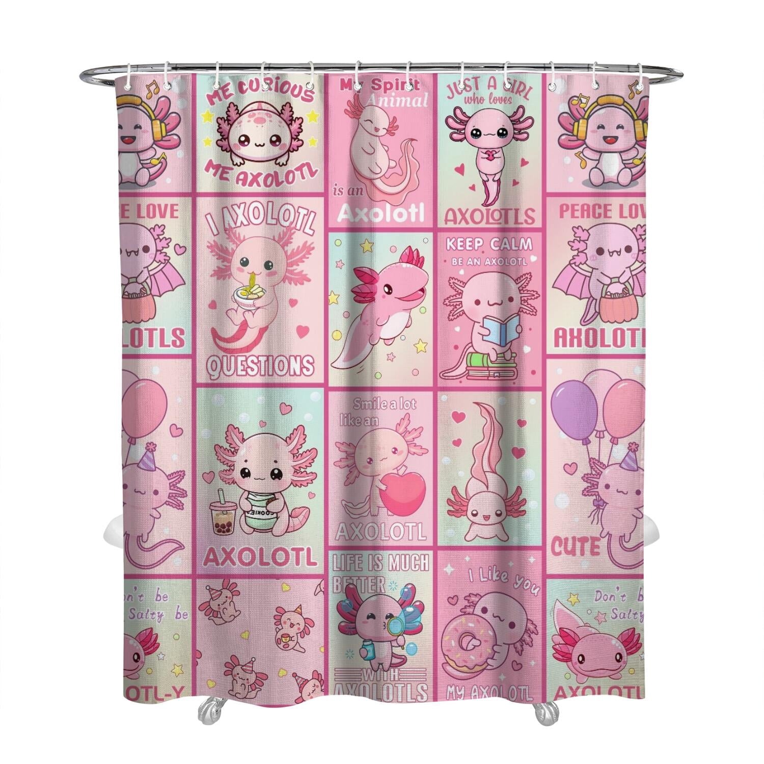Axolotl Shower Curtain, Kawaii Cute Cartoon Mythical Fantasy Creature ...