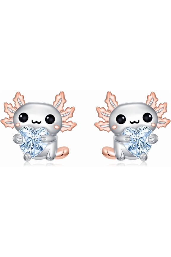 Axolotl Stud Earrings 925 Sterling Silver Cute Axolotl Salamander with Heart January Birthstone Animal Stud Earrings Birthday Axolotl Jewelry Gift for Women Friends
