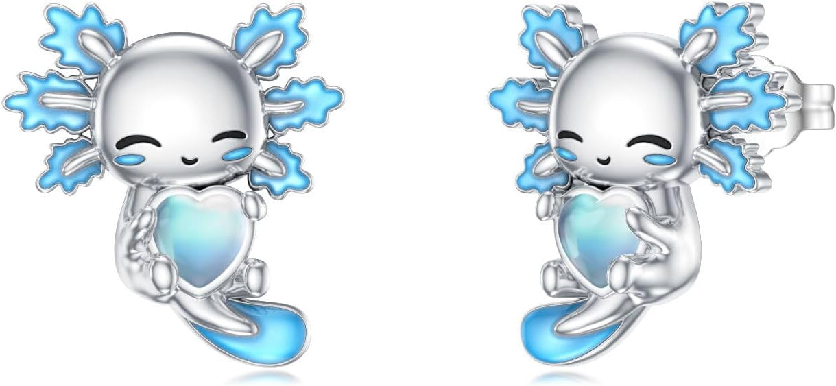 Axolotl Stud Earrings 925 Sterling Silver Cute Blue Axolotl Moonstone Earrings Jewelry Gifts for Women Mom Her