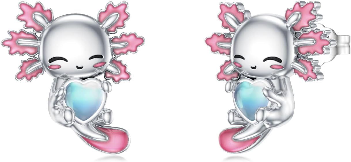 Axolotl Stud Earrings 925 Sterling Silver Cute Pink Axolotl Moonstone Earrings Jewelry Gifts for Women Mom Her