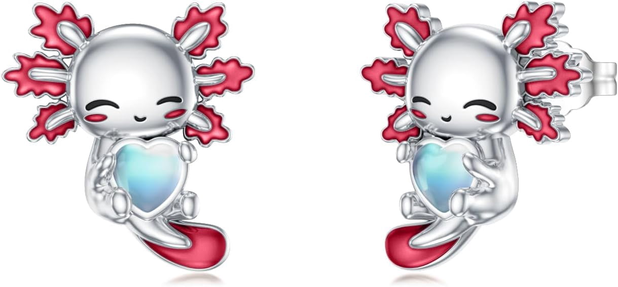 Axolotl Stud Earrings 925 Sterling Silver Cute Red Axolotl Moonstone Earrings Jewelry Gifts for Women Mom Her